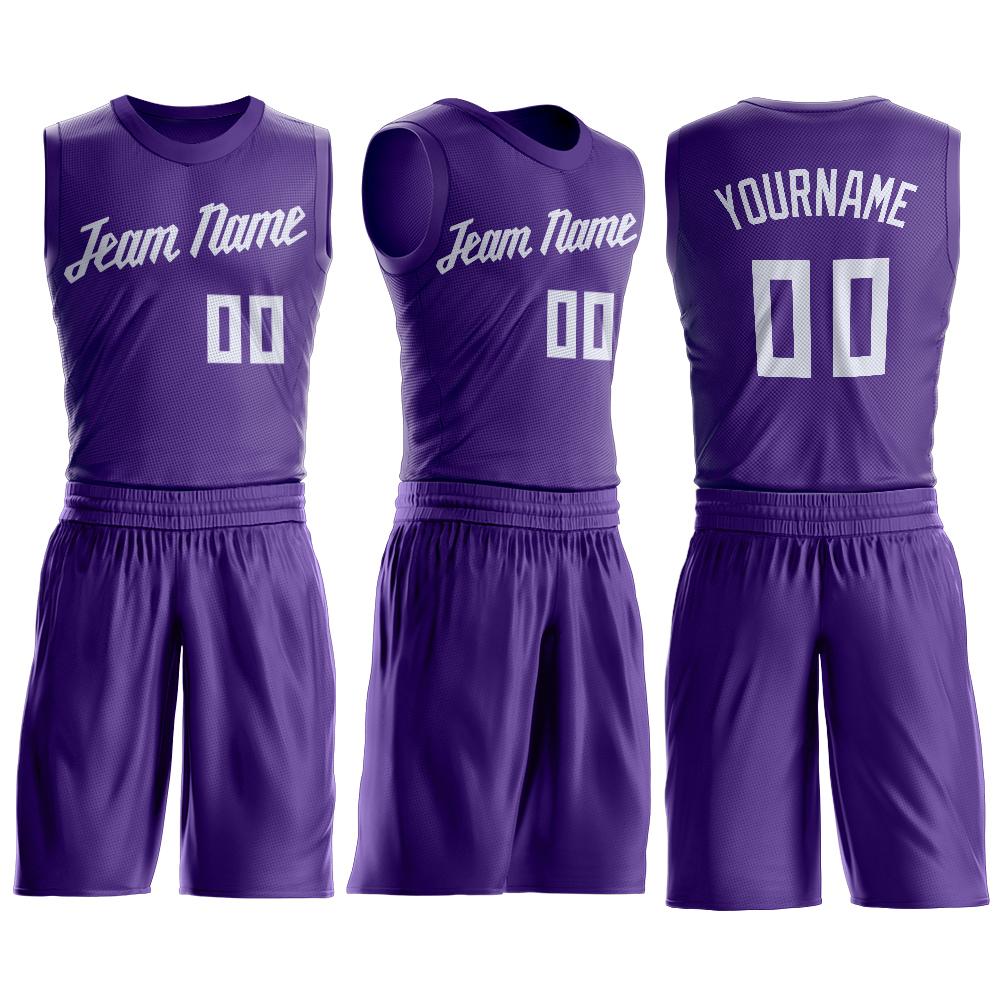 Custom Purple White Round Neck Basketball Uniform Jersey view 2