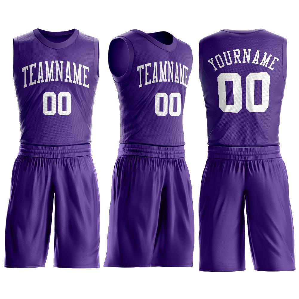 Custom Purple White Round Neck Basketball Uniform Jersey view 2