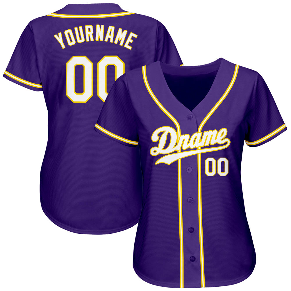 Custom Purple White-Gold Authentic Baseball Jersey view 2