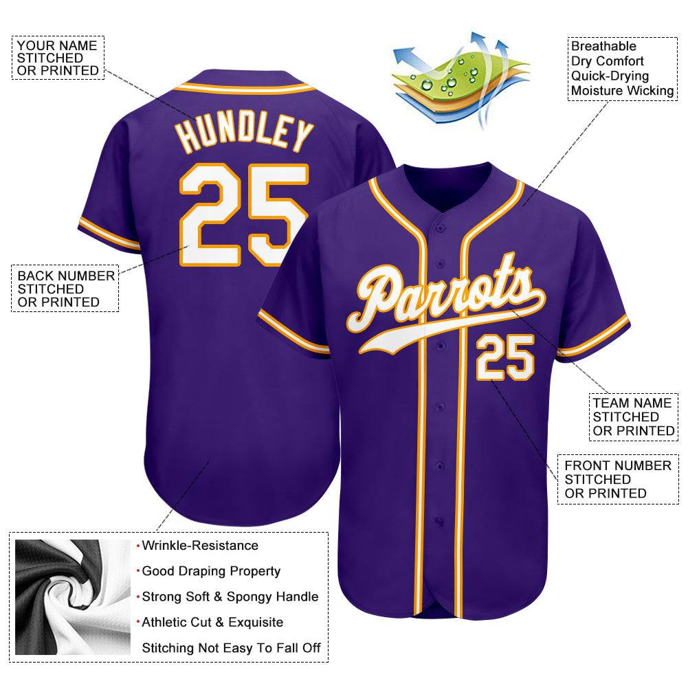 Custom Purple White-Gold Authentic Baseball Jersey view 3