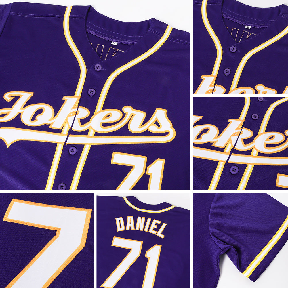 Custom Purple White-Gold Authentic Baseball Jersey view 6