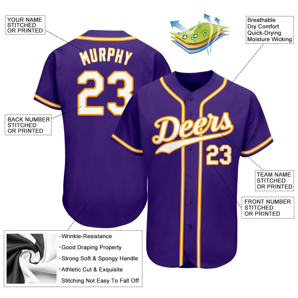 Custom Purple White-Gold Authentic Baseball Jersey view 3