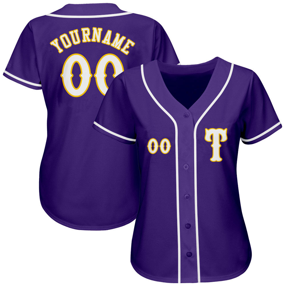 Custom Purple White-Gold Authentic Baseball Jersey view 2