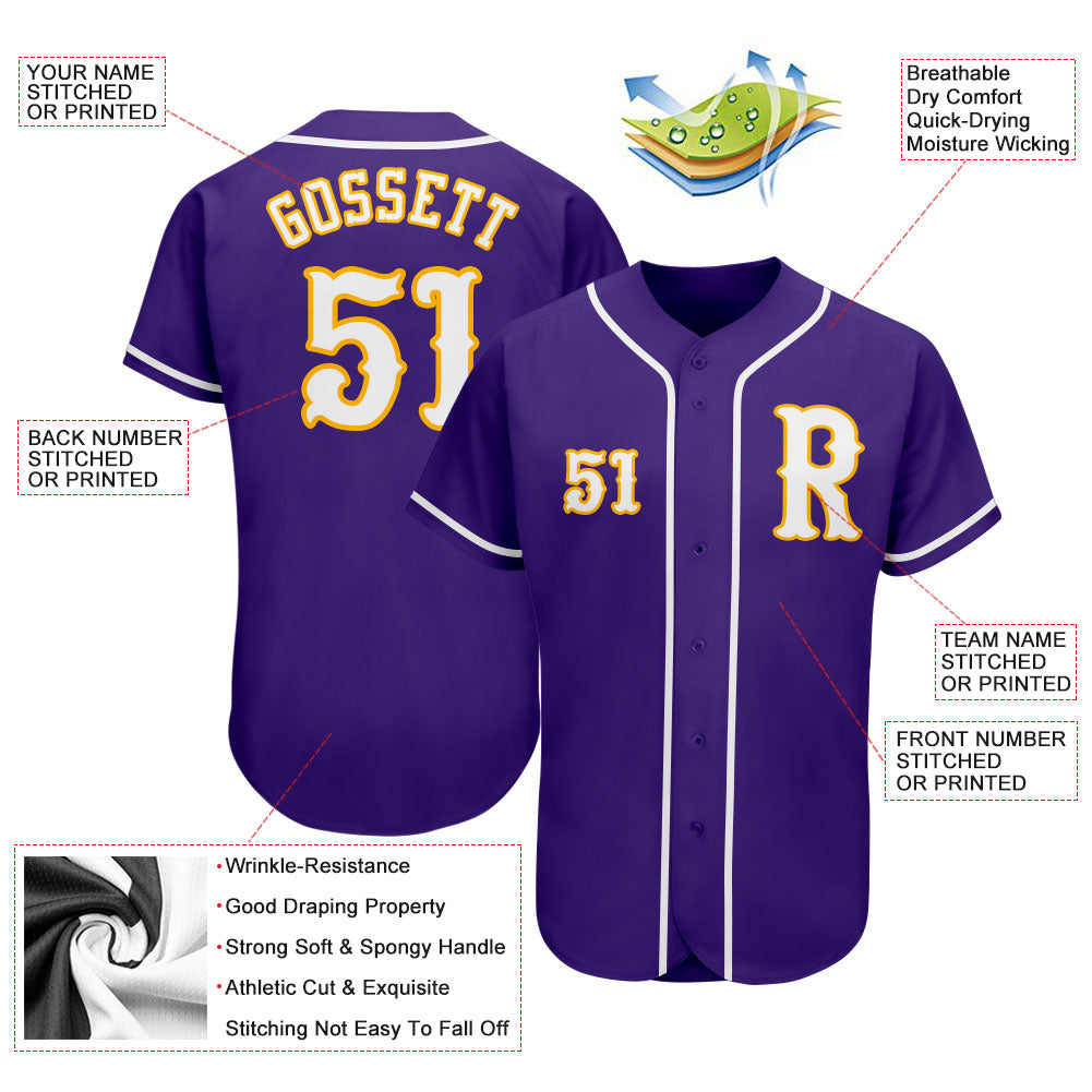 Custom Purple White-Gold Authentic Baseball Jersey view 3