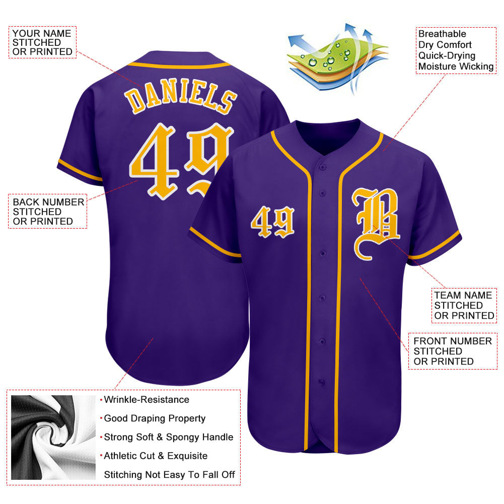 Custom Purple Gold-White Authentic Baseball Jersey view 3