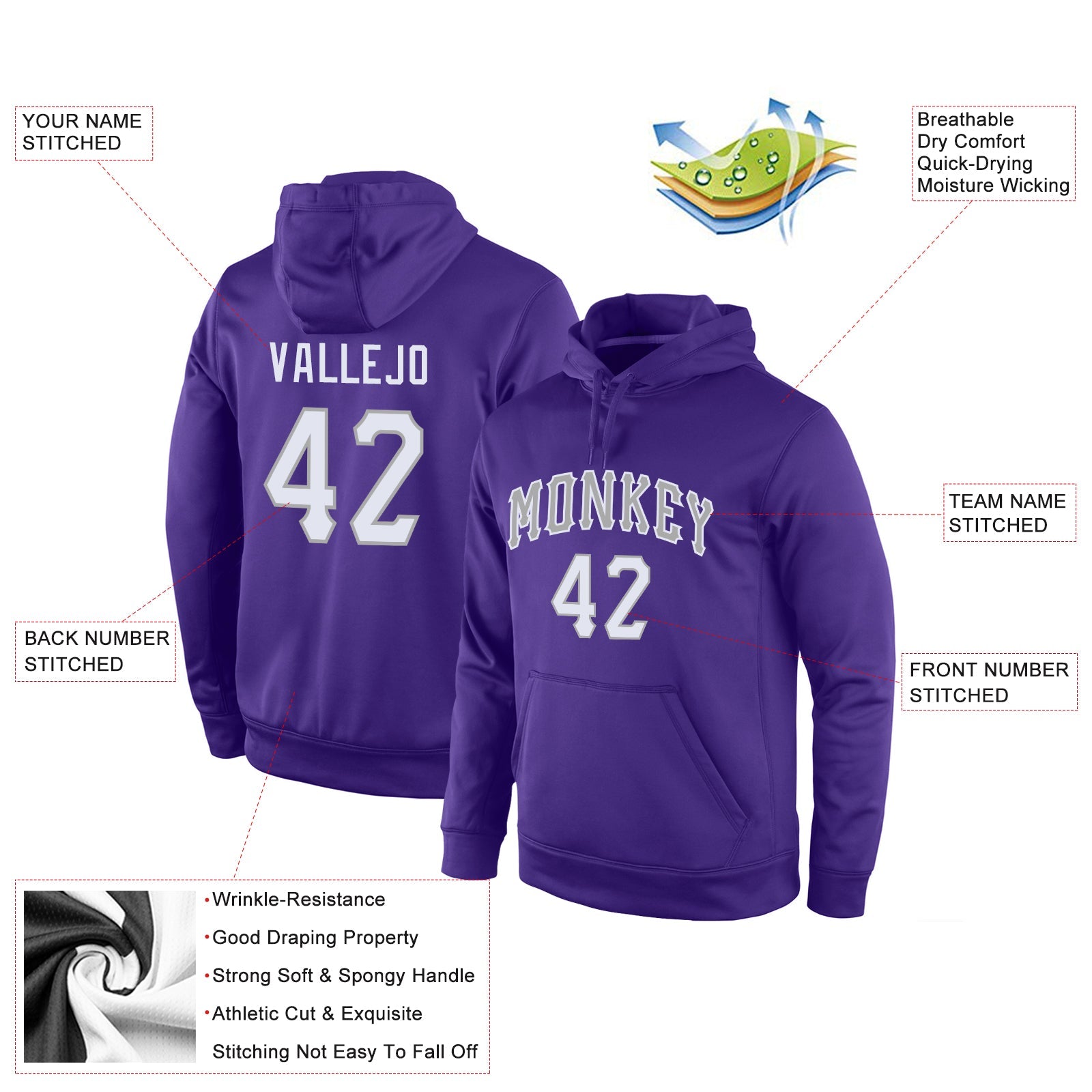 Custom Stitched Purple White-Gray Sports Pullover Sweatshirt Hoodie view 4