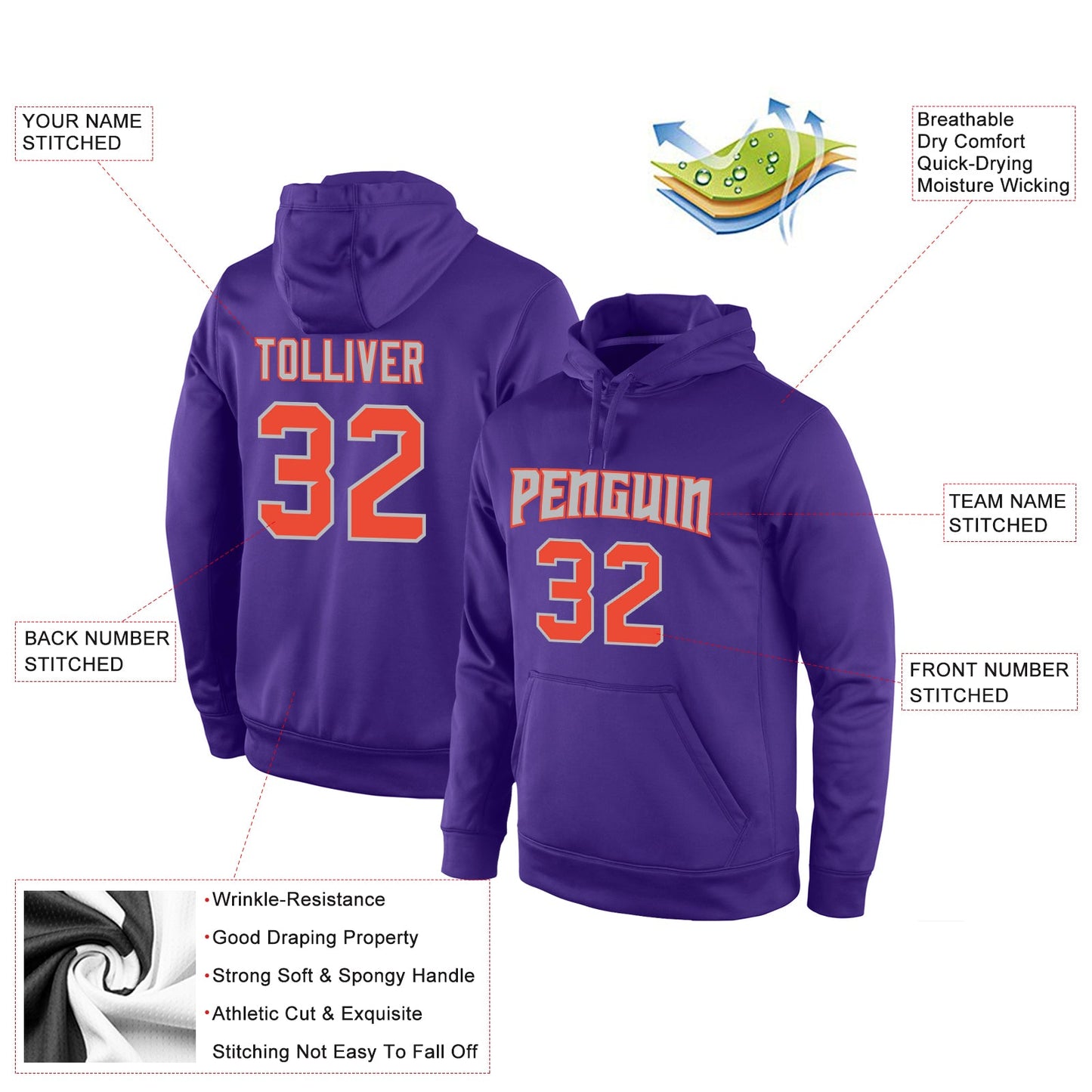 Custom Stitched Purple Orange-Gray Sports Pullover Sweatshirt Hoodie view 4