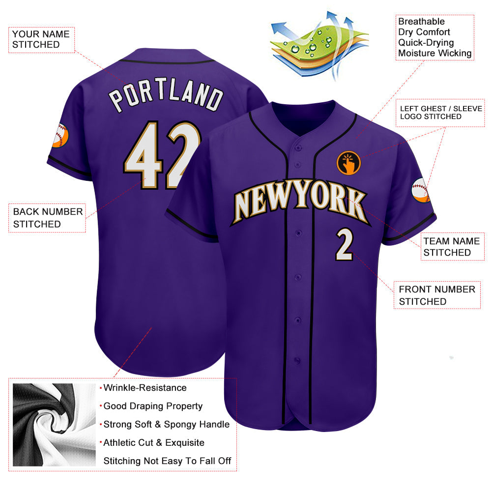 Custom Purple White-Old Gold Authentic Baseball Jersey view 3
