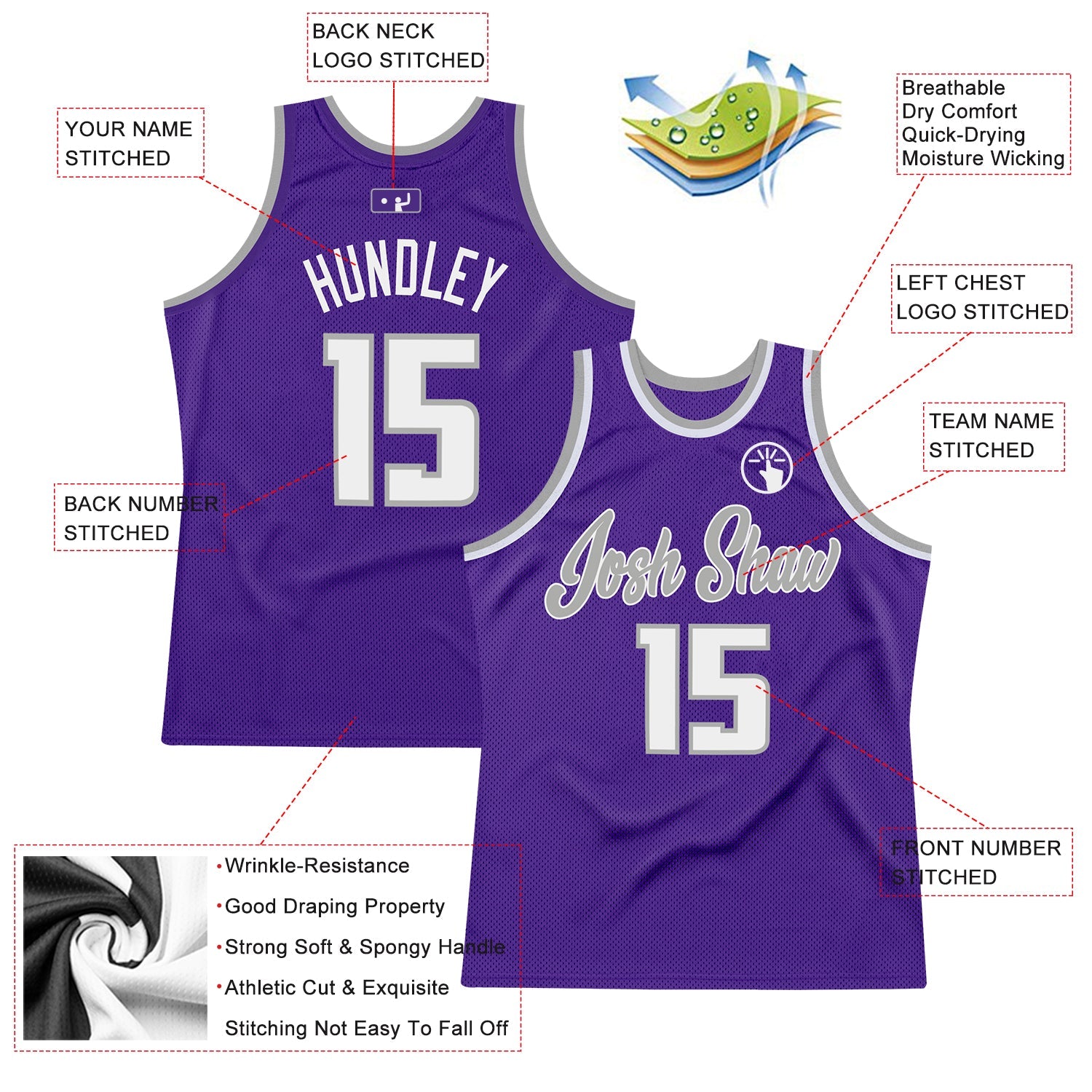 Custom Purple White-Gray Authentic Throwback Basketball Jersey view 2
