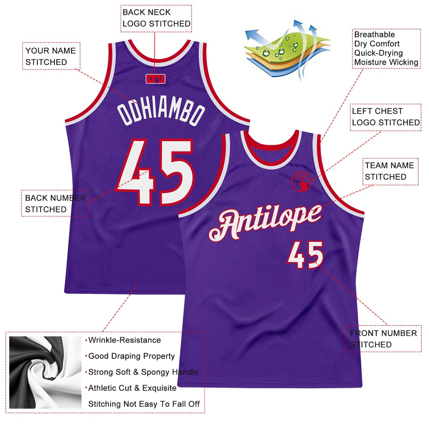 Custom Purple White-Red Authentic Throwback Basketball Jersey view 2