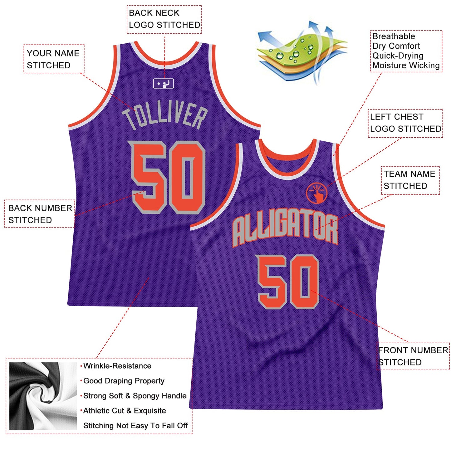 Custom Purple Orange-Gray Authentic Throwback Basketball Jersey view 2