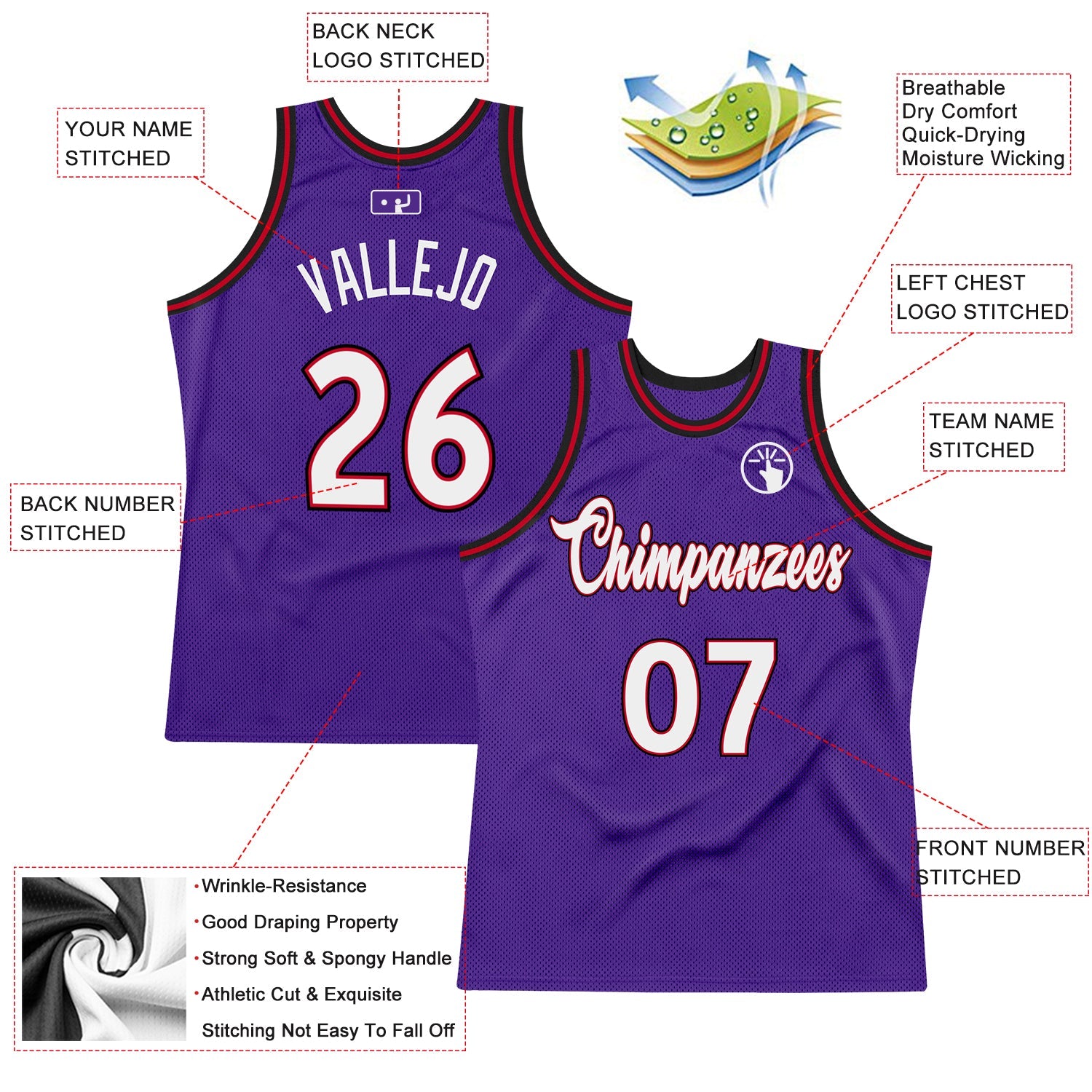Custom Purple White-Red Authentic Throwback Basketball Jersey view 2