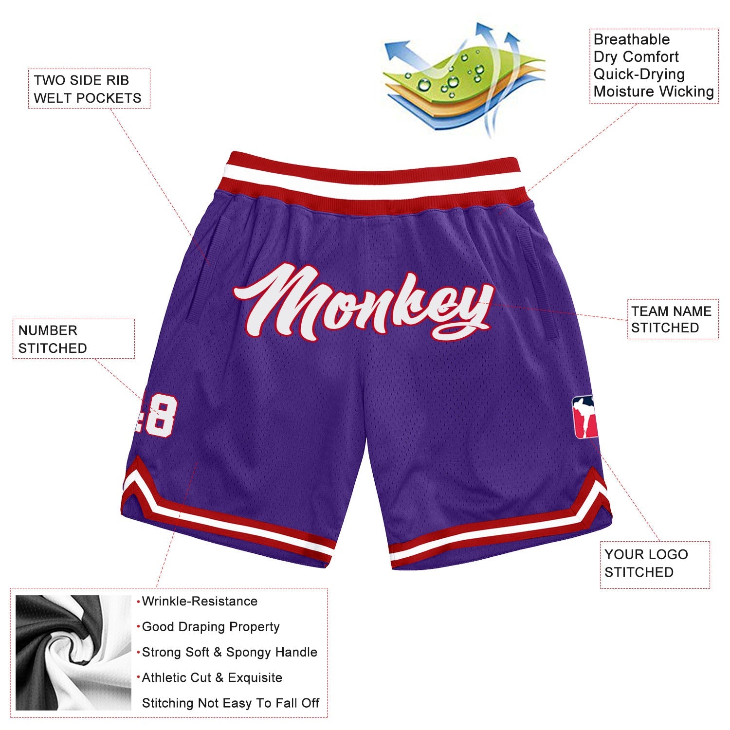 Custom Purple White-Red Authentic Throwback Basketball Shorts view 2