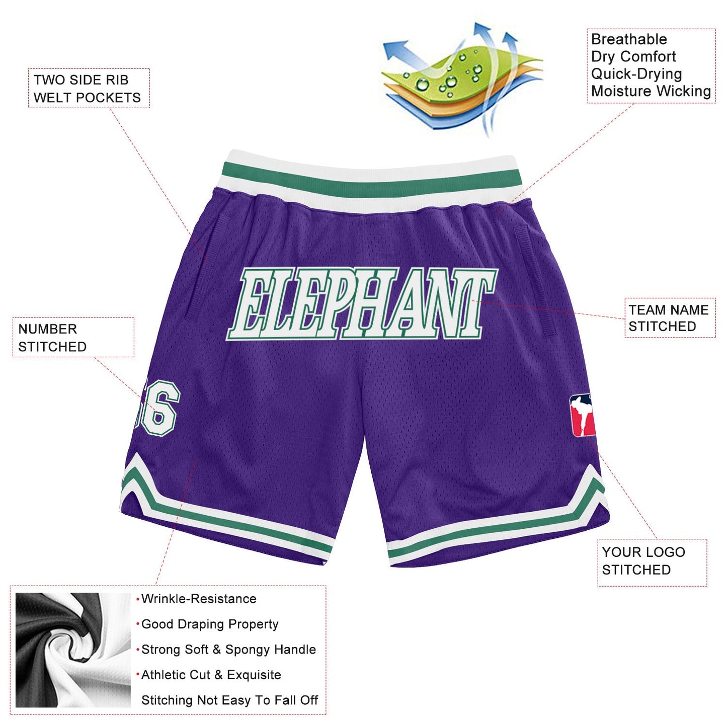 Custom Purple White-Kelly Green Authentic Throwback Basketball Shorts view 2