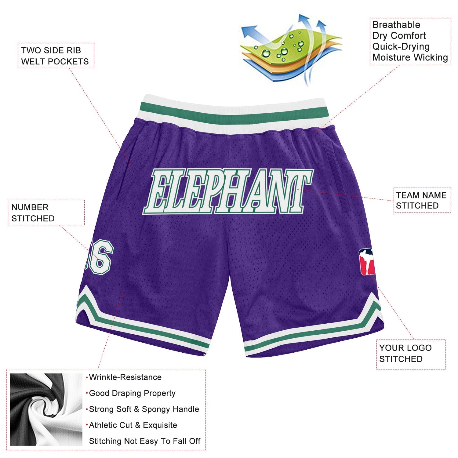 Custom Purple White-Kelly Green Authentic Throwback Basketball Shorts view 2