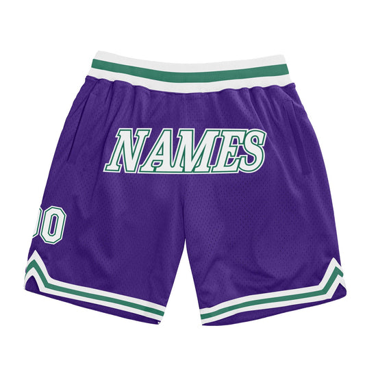 Custom Purple White-Kelly Green Authentic Throwback Basketball Shorts - Main View