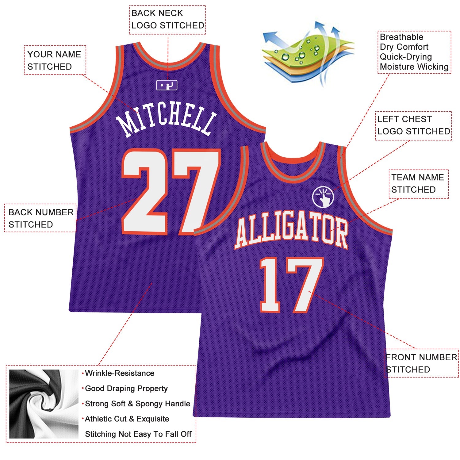 Custom Purple White-Orange Authentic Throwback Basketball Jersey view 2