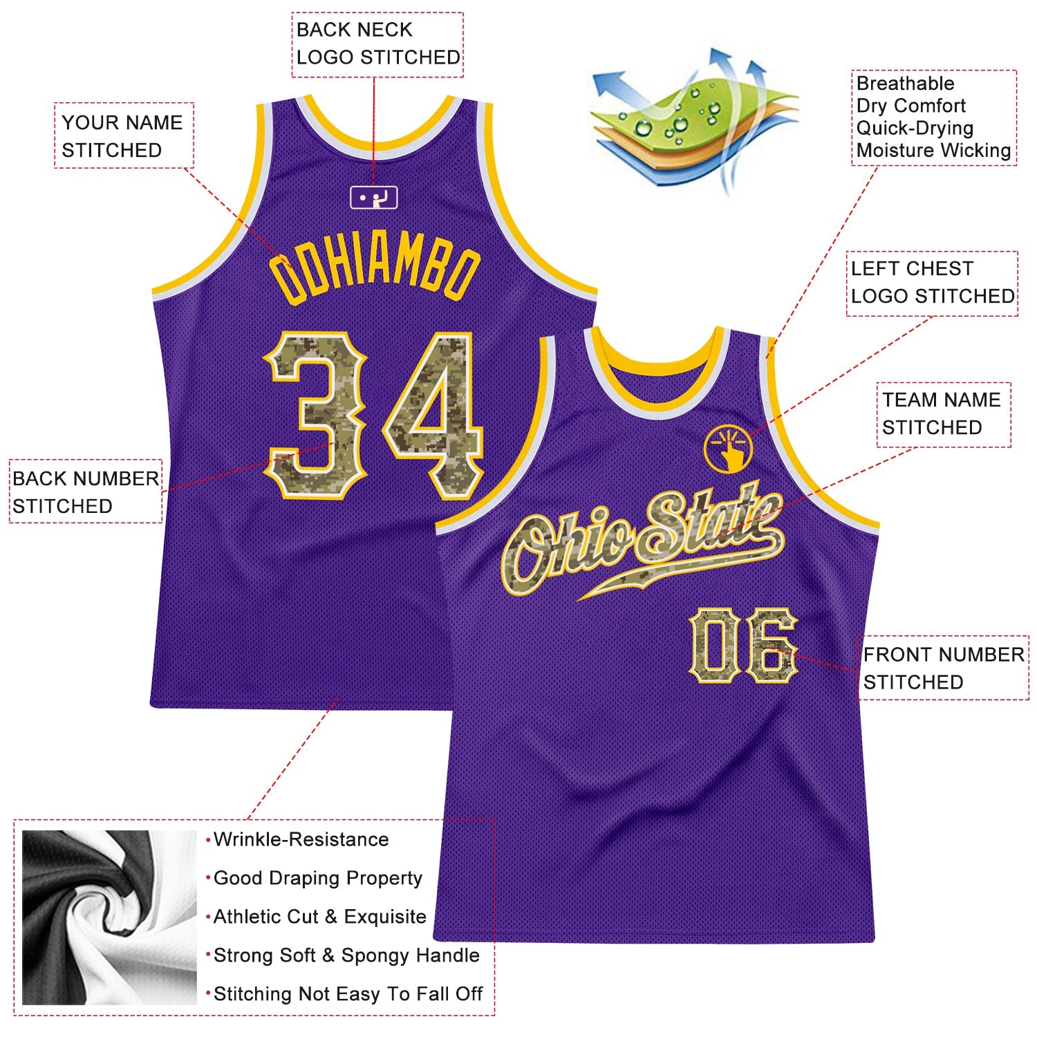 Custom Purple Camo-Gold Authentic Throwback Basketball Jersey view 2