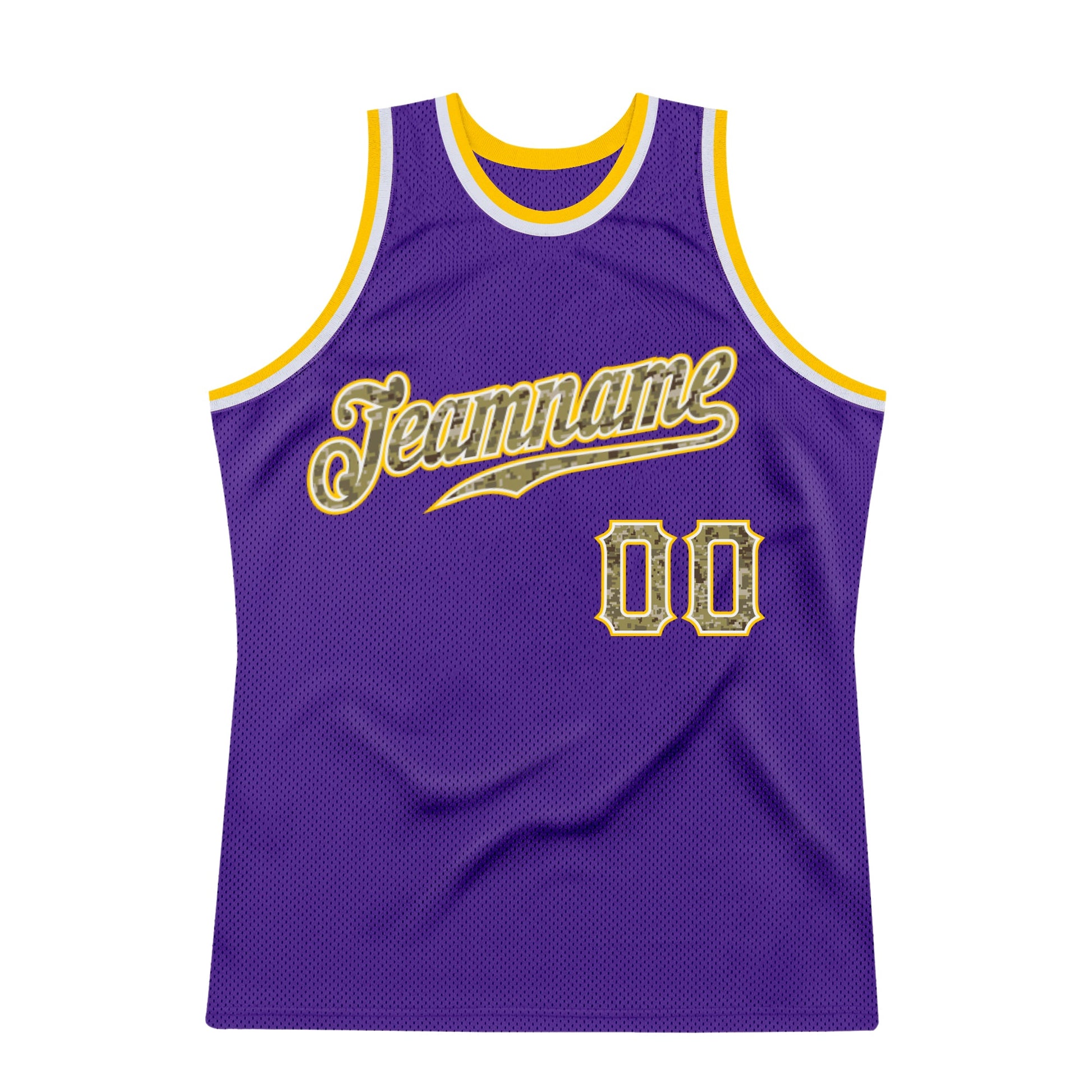 Custom Purple Camo-Gold Authentic Throwback Basketball Jersey view 6