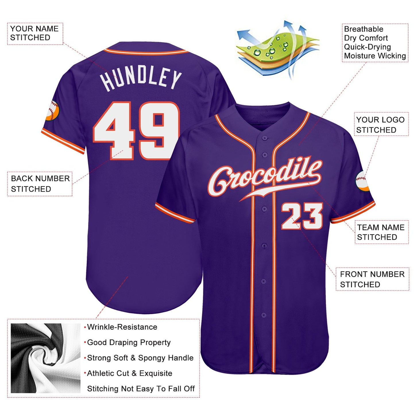 Custom Purple White-Orange Authentic Baseball Jersey view 3
