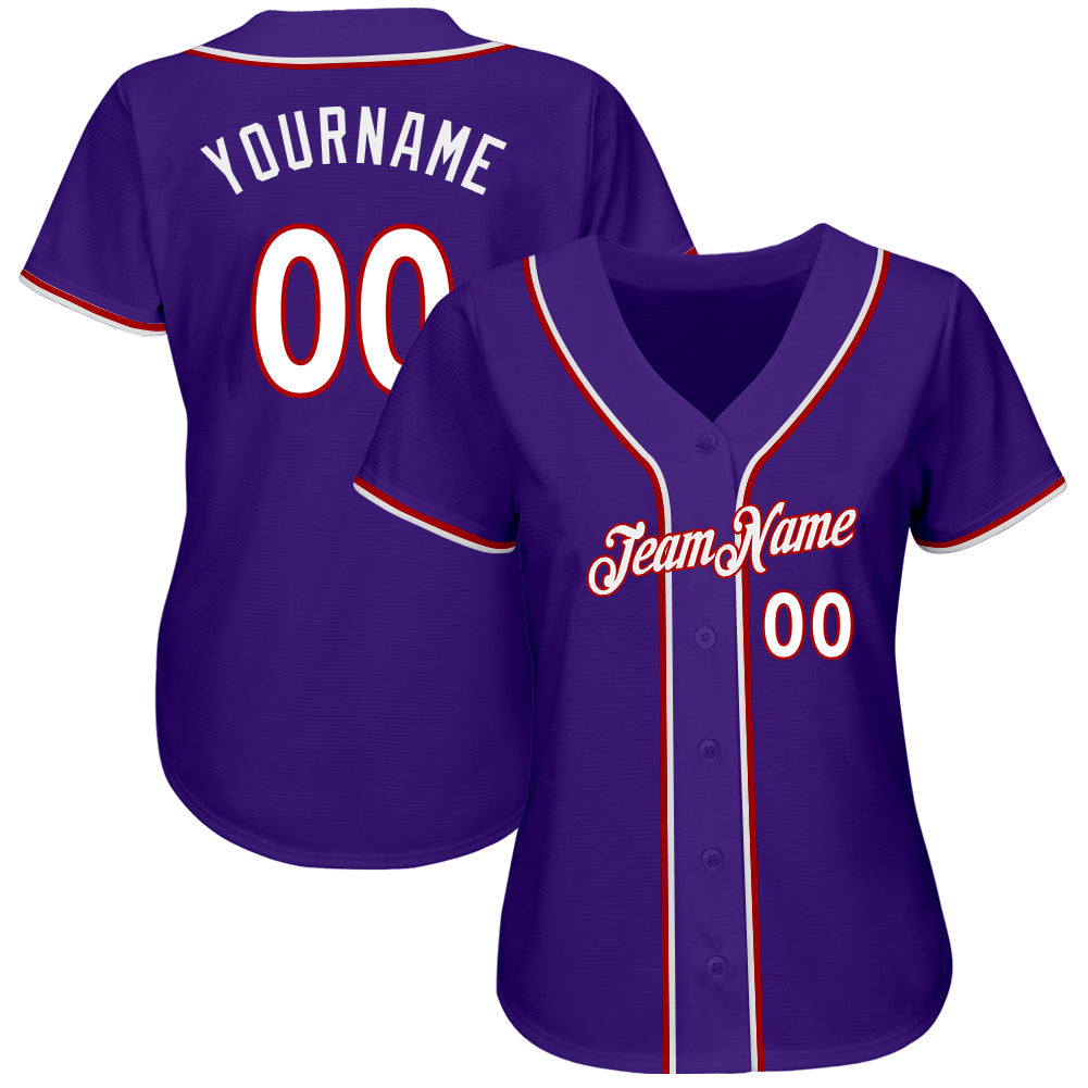 Custom Purple White-Red Authentic Baseball Jersey view 2
