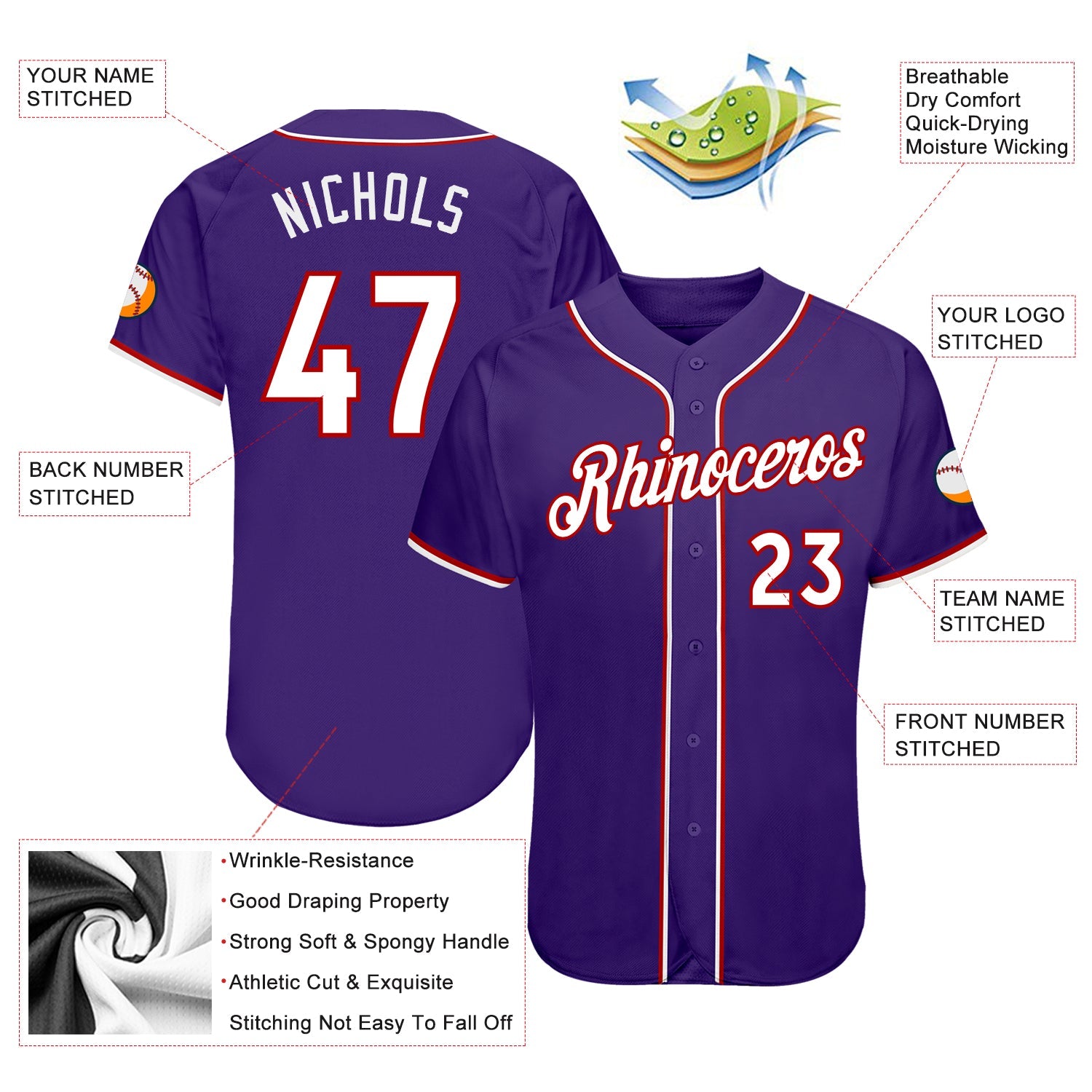 Custom Purple White-Red Authentic Baseball Jersey view 3