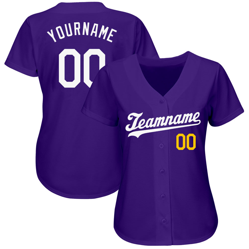 Custom Purple White-Gold Authentic Baseball Jersey view 2