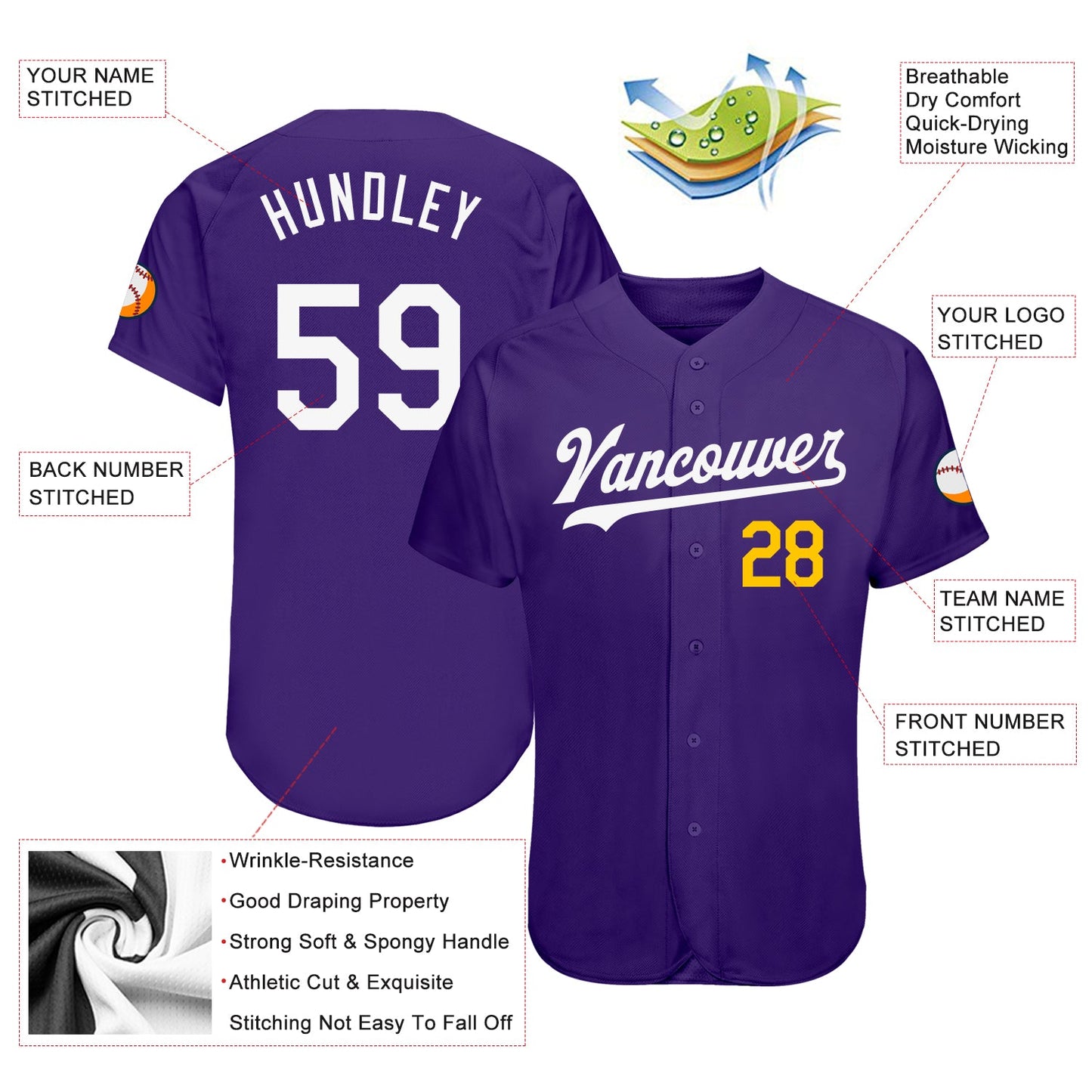 Custom Purple White-Gold Authentic Baseball Jersey view 3