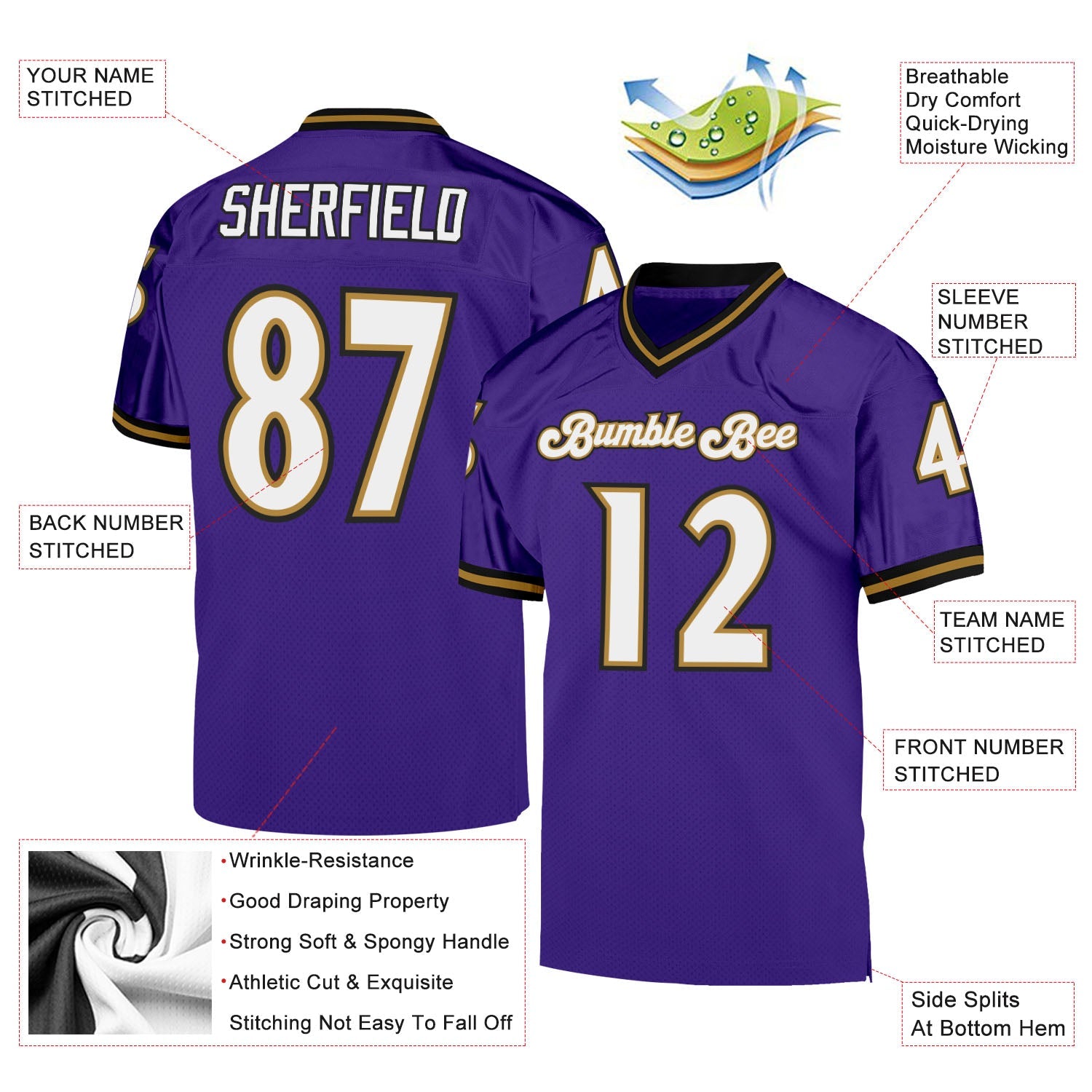 Custom Purple White-Old Gold Mesh Authentic Throwback Football Jersey view 4