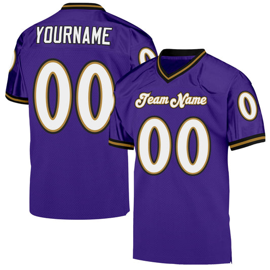 Custom Purple White-Old Gold Mesh Authentic Throwback Football Jersey - Main View