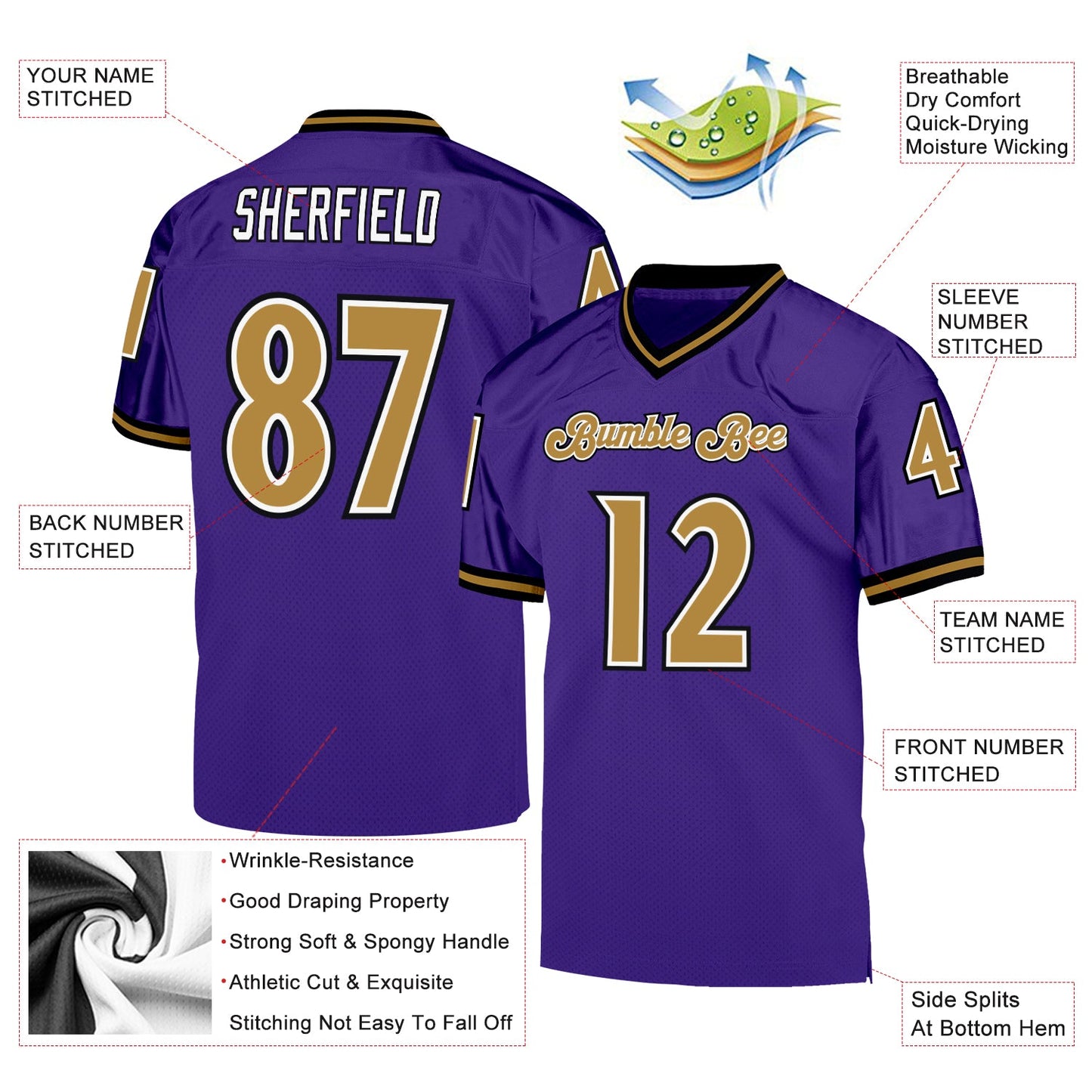 Custom Purple Old Gold-Black Mesh Authentic Throwback Football Jersey view 4