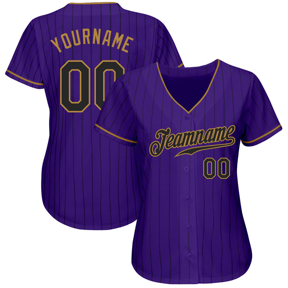Custom Purple Black Pinstripe Black-Old Gold Authentic Baseball Jersey view 2