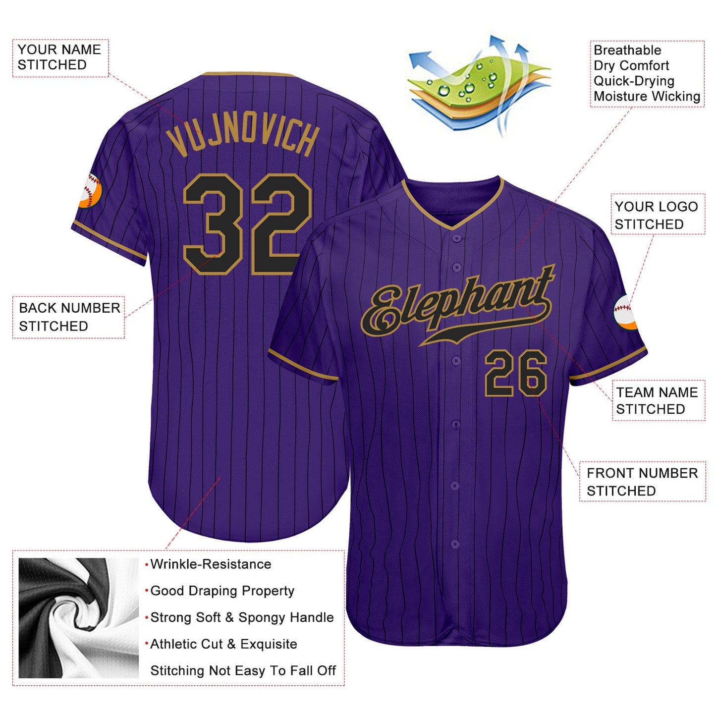 Custom Purple Black Pinstripe Black-Old Gold Authentic Baseball Jersey view 3