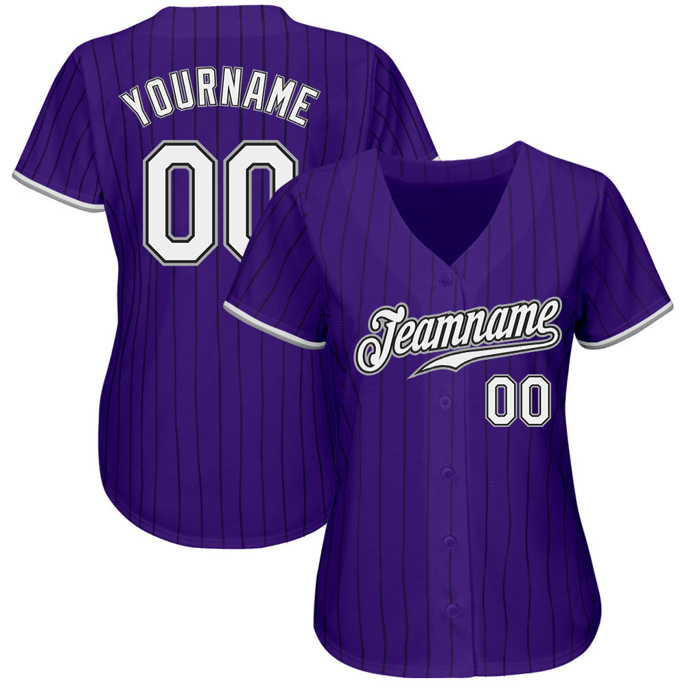 Custom Purple Black Pinstripe White-Gray Authentic Baseball Jersey view 2