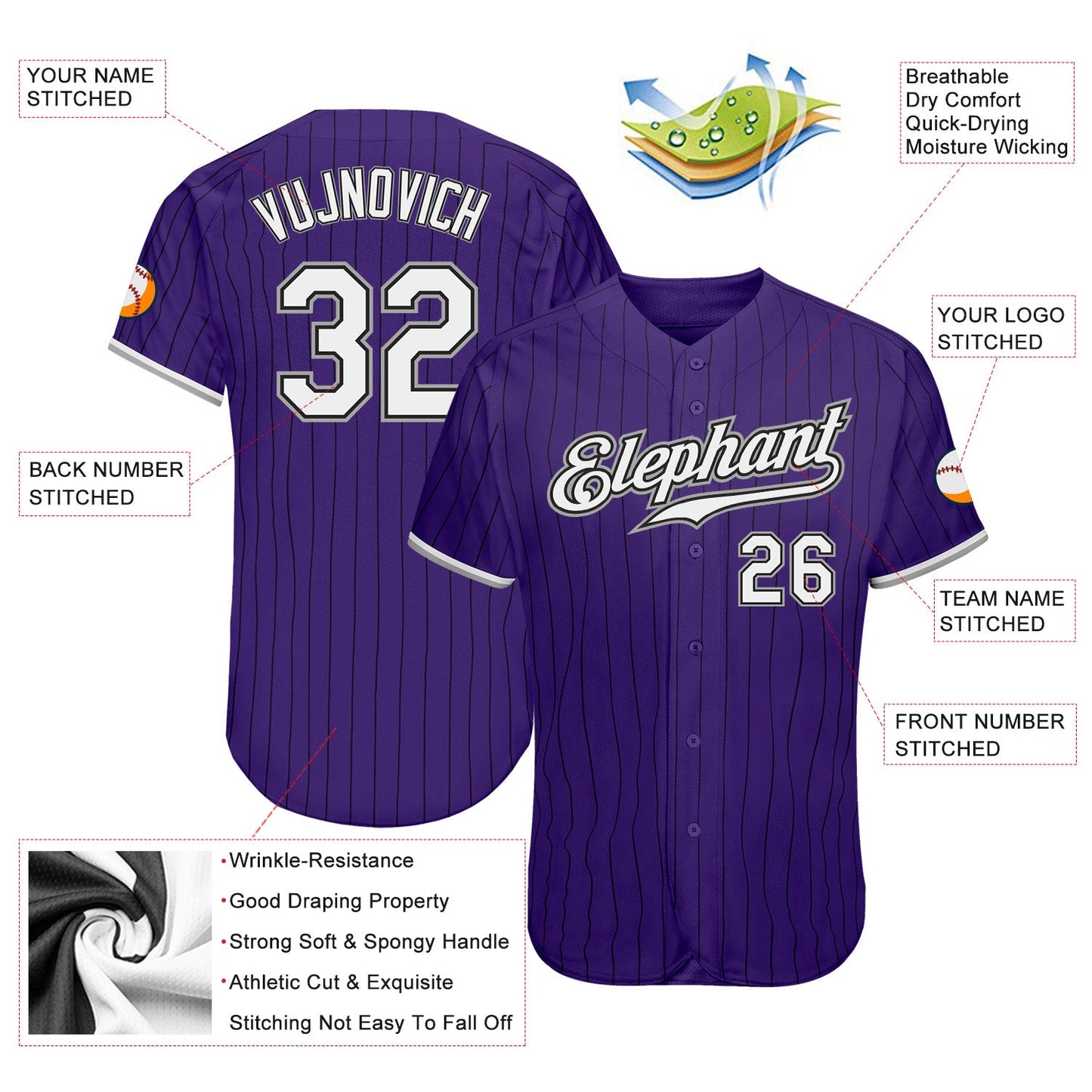 Custom Purple Black Pinstripe White-Gray Authentic Baseball Jersey view 3