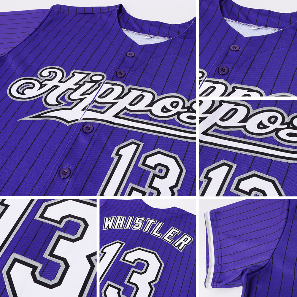 Custom Purple Black Pinstripe White-Gray Authentic Baseball Jersey view 6