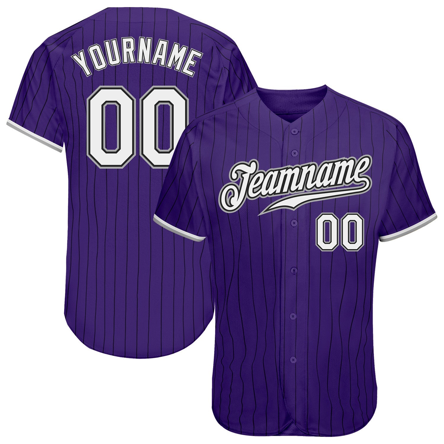 Custom Purple Black Pinstripe White-Gray Authentic Baseball Jersey - Main View