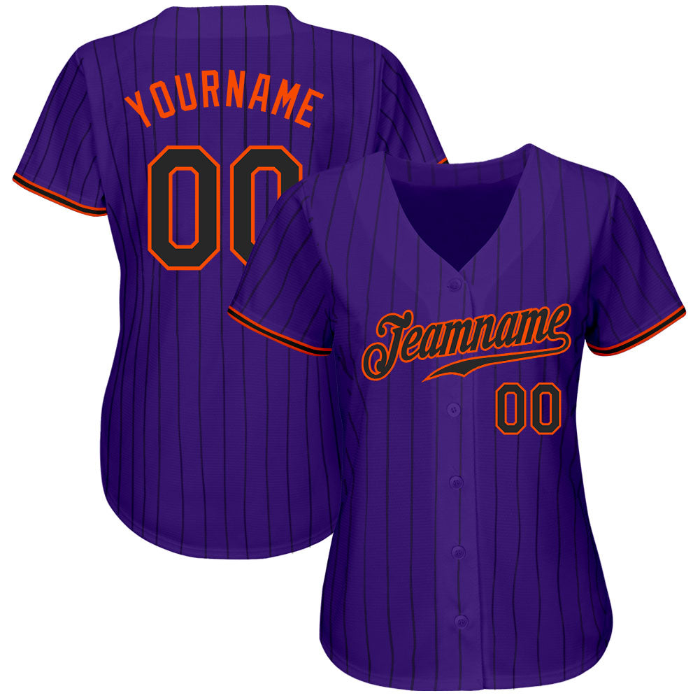 Custom Purple Black Pinstripe Black-Orange Authentic Baseball Jersey view 2