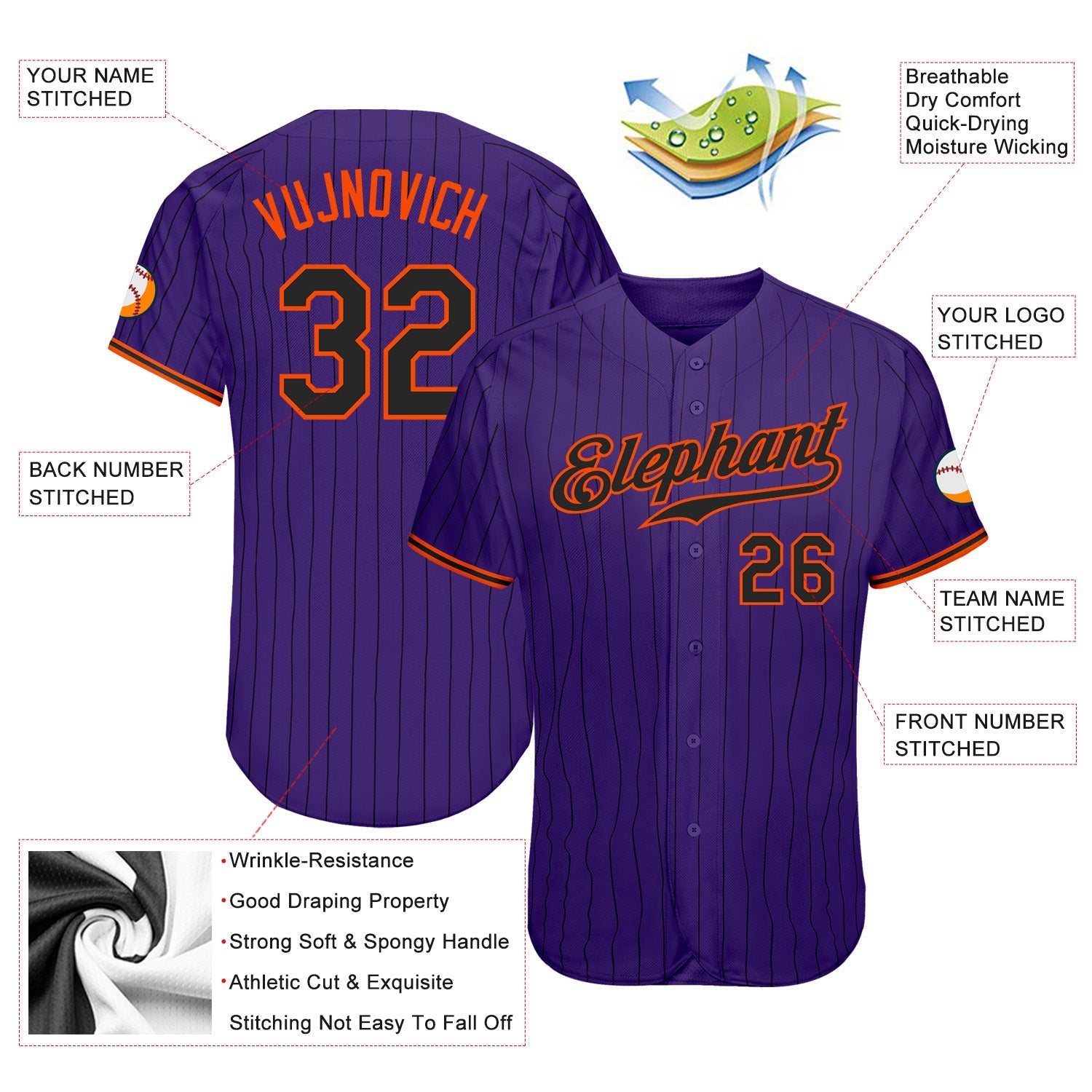 Custom Purple Black Pinstripe Black-Orange Authentic Baseball Jersey view 3