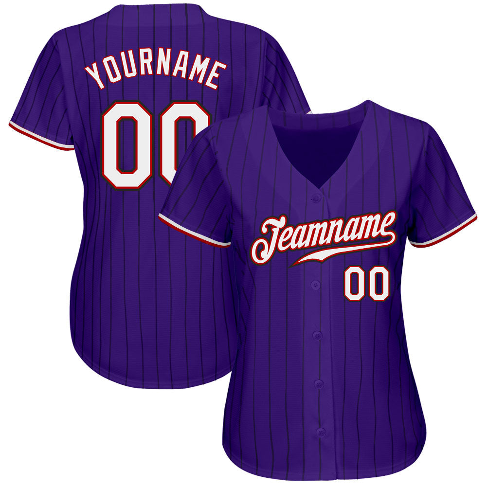 Custom Purple Black Pinstripe White-Red Authentic Baseball Jersey view 2