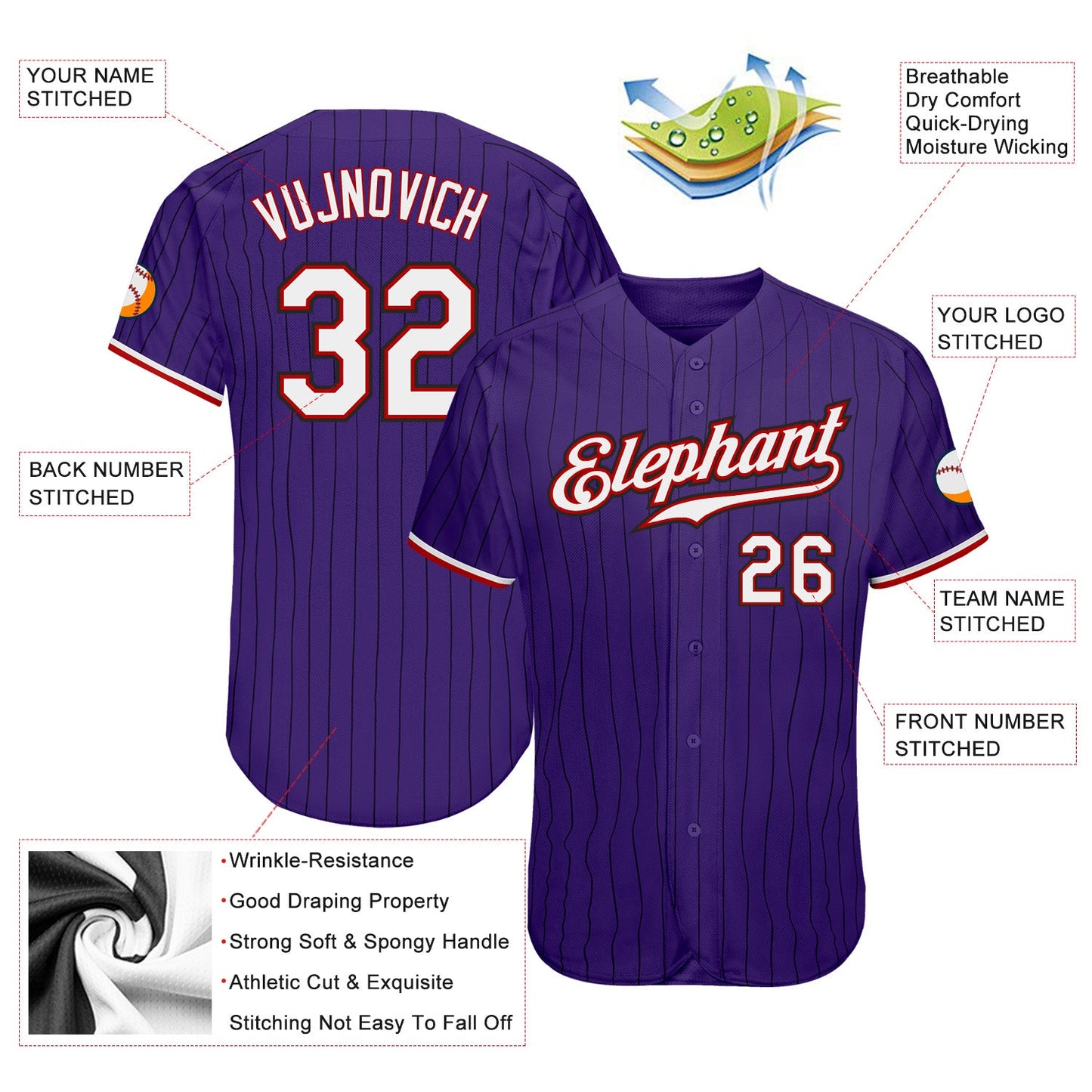 Custom Purple Black Pinstripe White-Red Authentic Baseball Jersey view 3