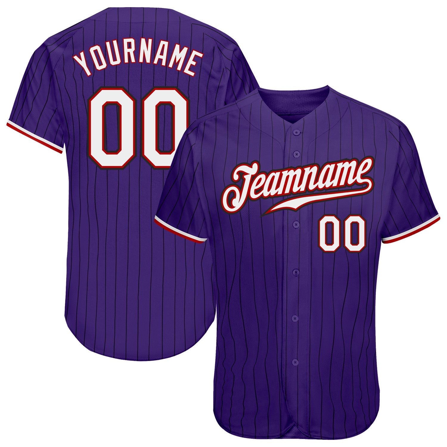 Custom Purple Black Pinstripe White-Red Authentic Baseball Jersey - Main View