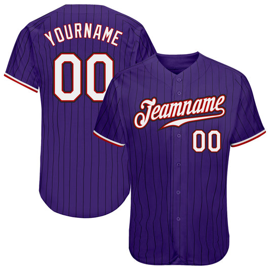 Custom Purple Black Pinstripe White-Red Authentic Baseball Jersey - Main View
