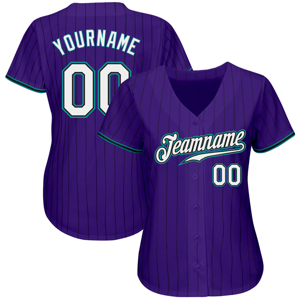 Custom Purple Black Pinstripe White-Teal Authentic Baseball Jersey view 2