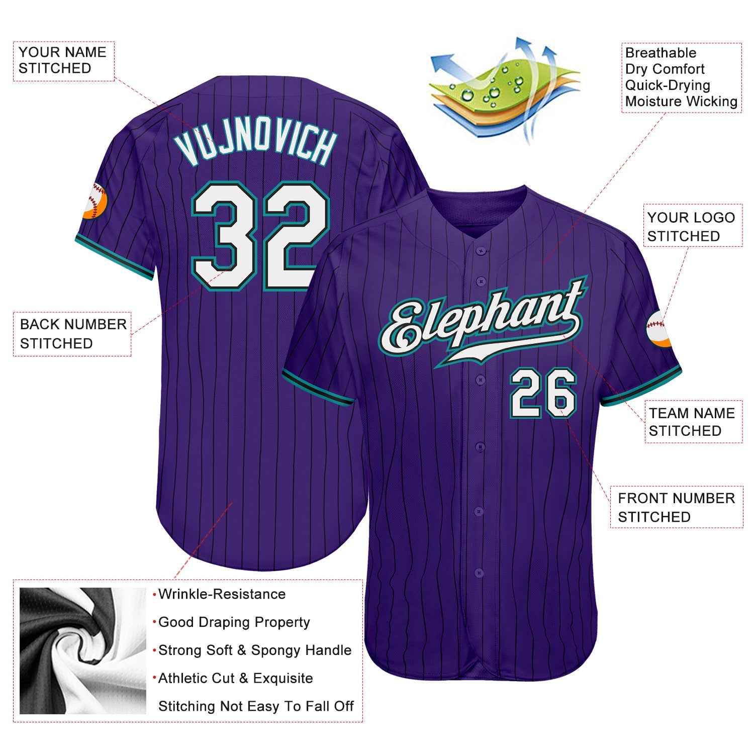 Custom Purple Black Pinstripe White-Teal Authentic Baseball Jersey view 3
