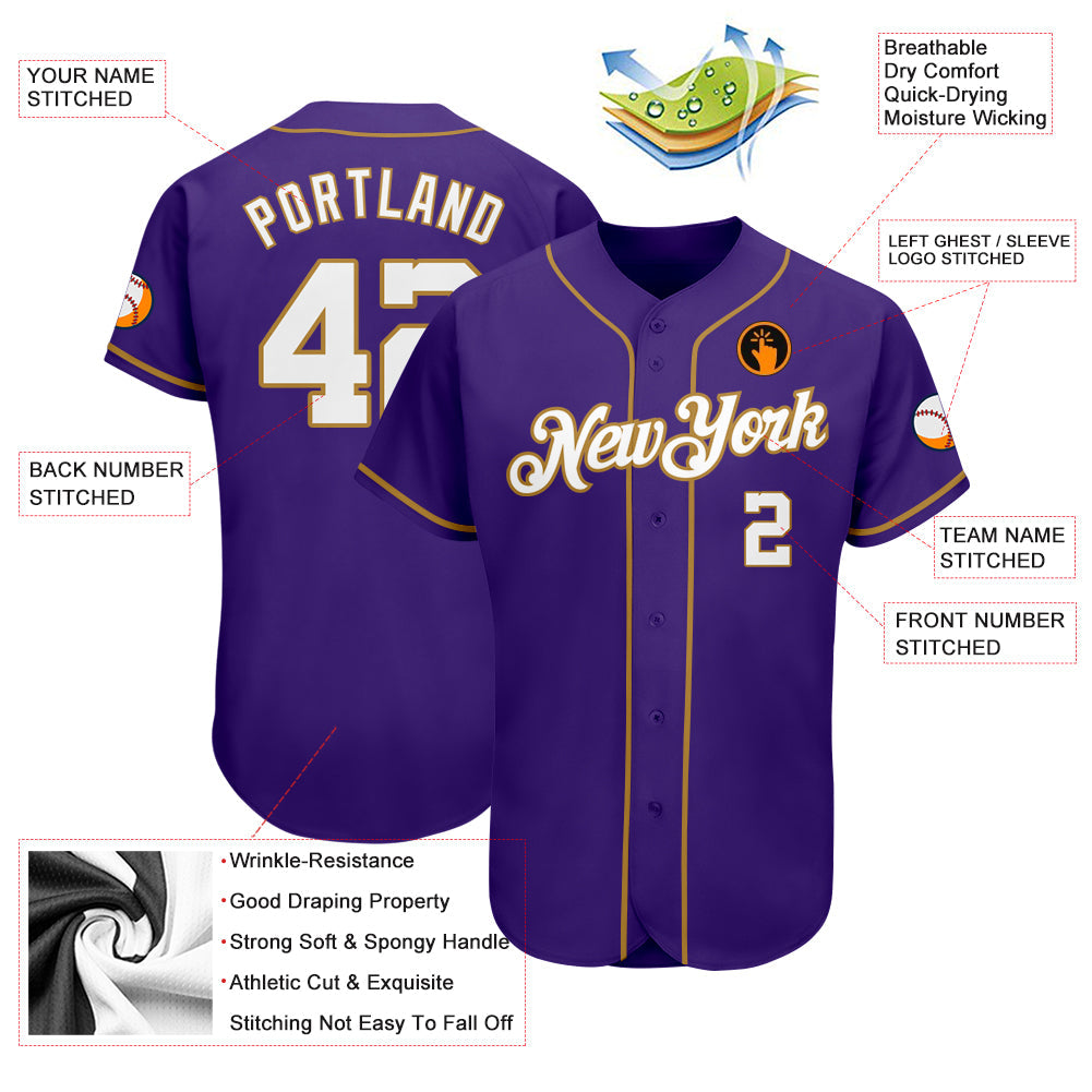 Custom Purple White-Old Gold Authentic Baseball Jersey view 3