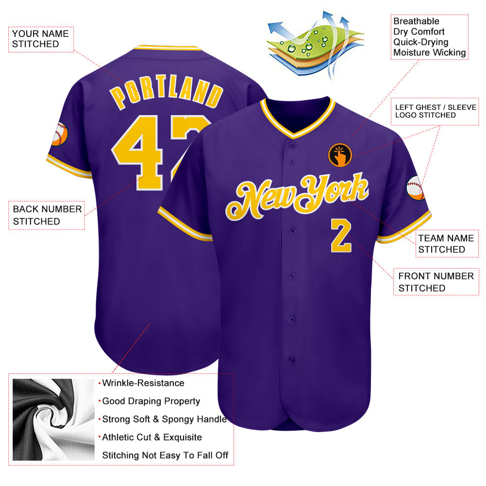 Custom Purple Gold-White Authentic Baseball Jersey view 3