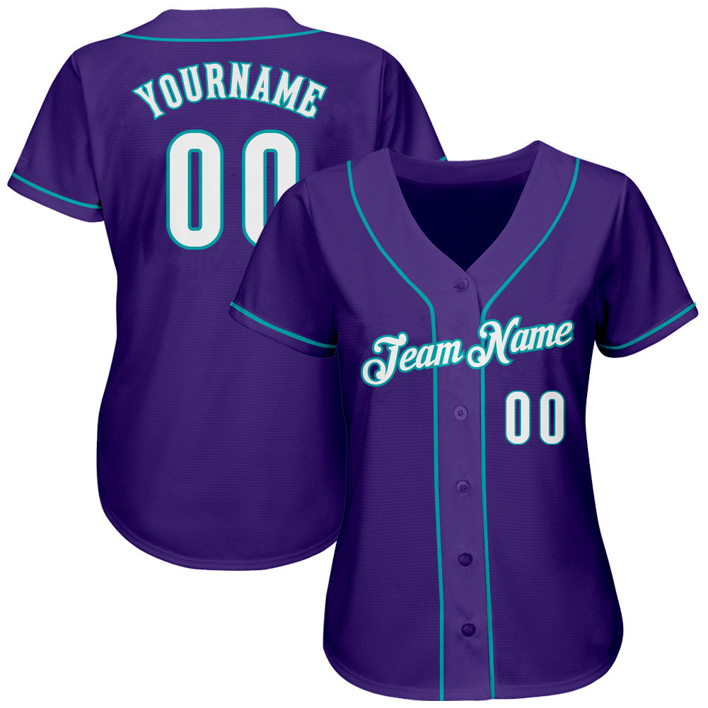 Custom Purple White-Teal Authentic Baseball Jersey view 2