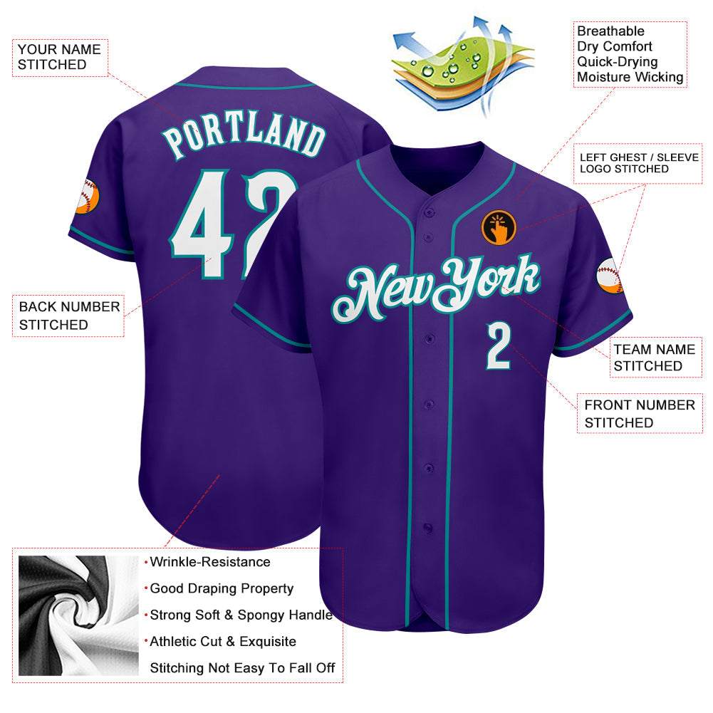 Custom Purple White-Teal Authentic Baseball Jersey view 3