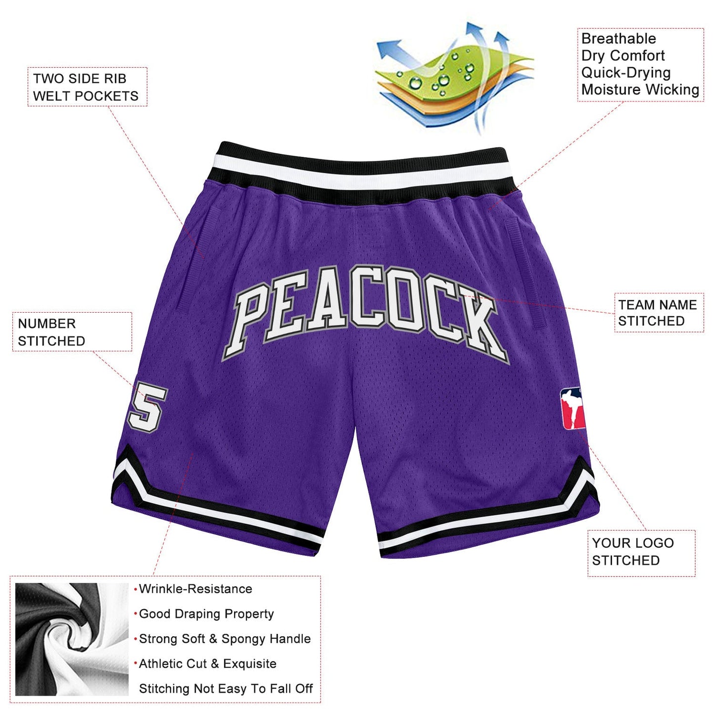 Custom Purple White-Black Authentic Throwback Basketball Shorts view 2